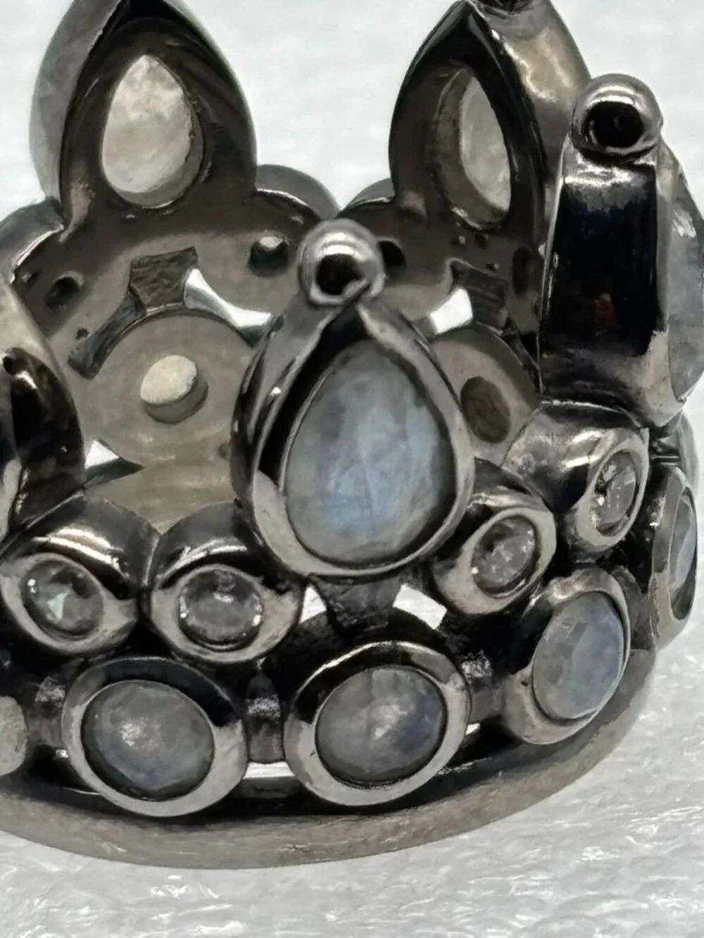 Hespera Jewelry 6 Pointed Crown Ring Gunmetal With Faux Teardrop Pave Moonstones